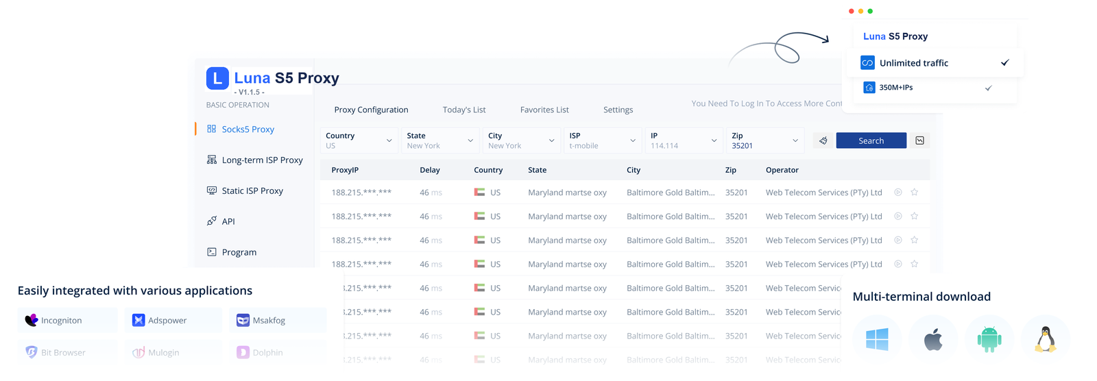 LunaProxy Windows client showing the SOCKS5 proxy list with country, city, ISP and ZIP filters